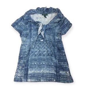 Ralph Lauren LRL Blue White Printed Ruffle Collar Cotton Top Women’s Size S